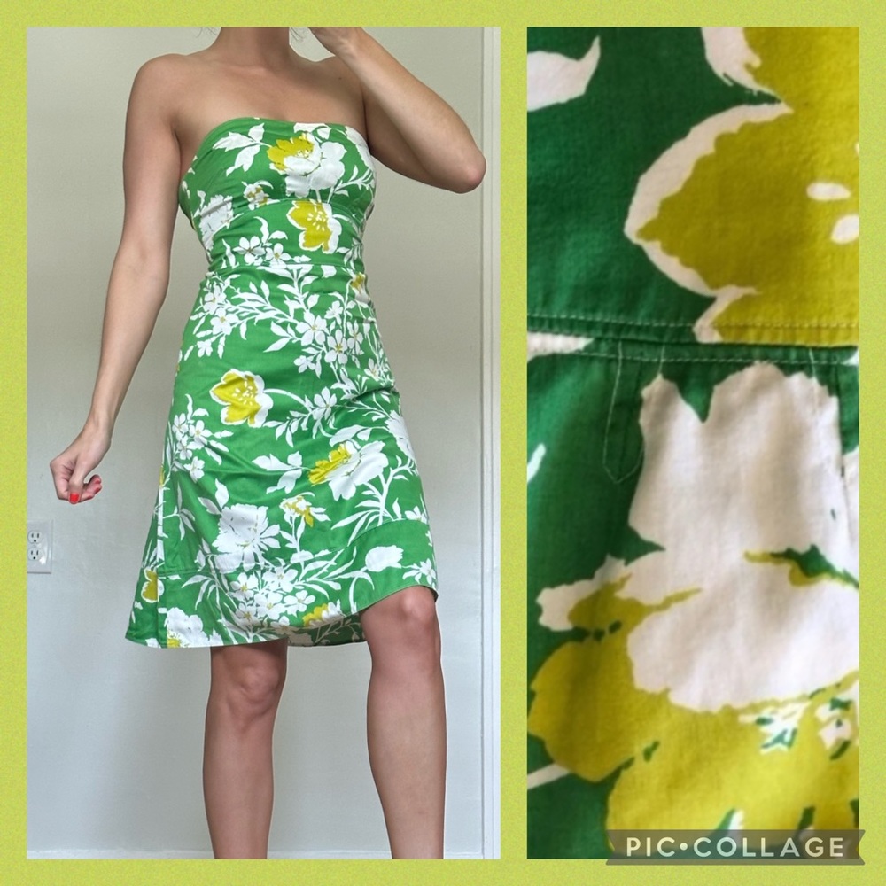 J. Crew Green Floral Strapless Dress
